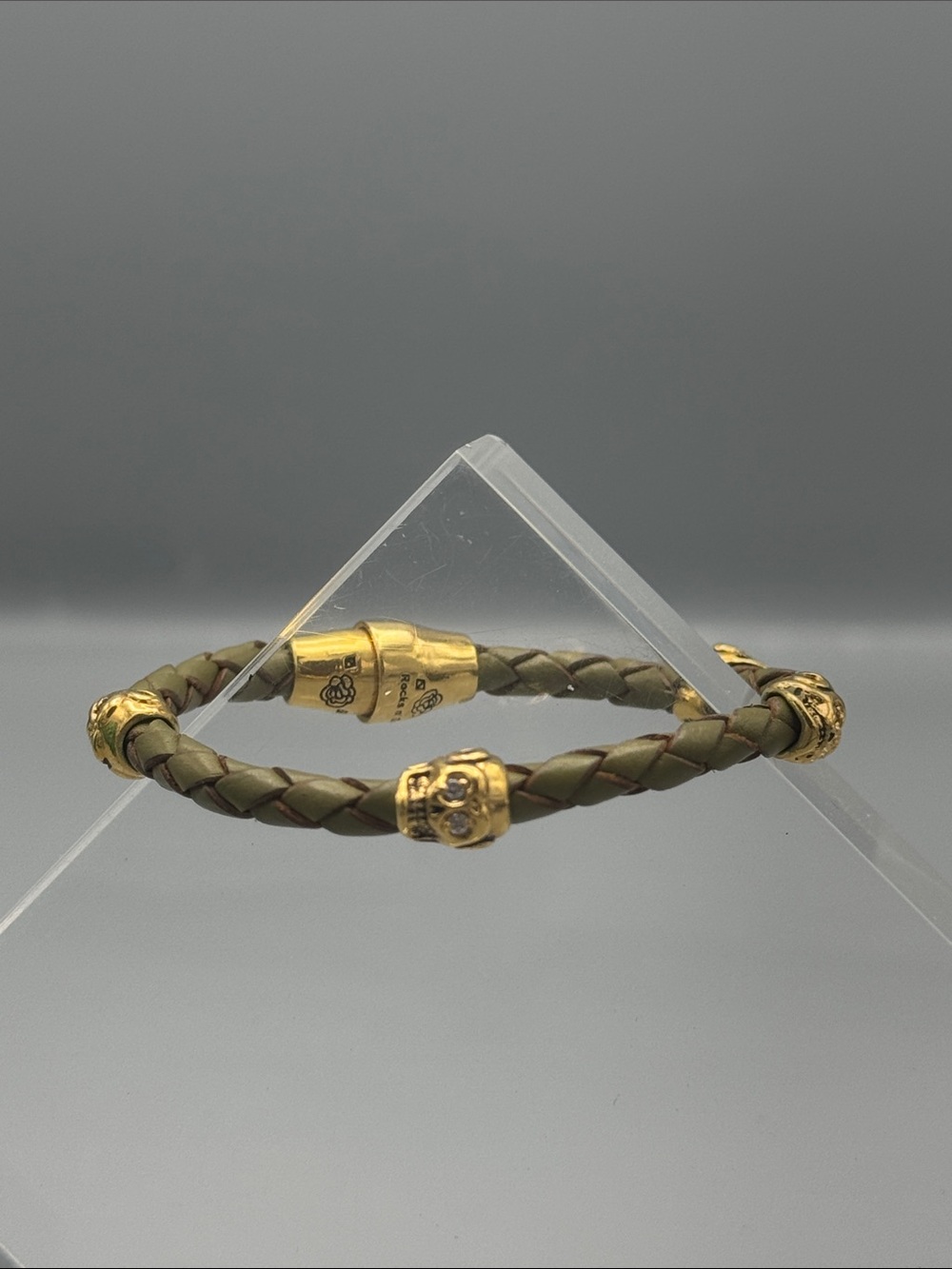 Braided Olive Leather Bracelet with Gold Skull Accent Beads